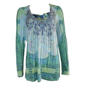 One World Sweater Womens Plus Size 1X Blue Green Pleated Ribbed‎ Boho Artsy Soft